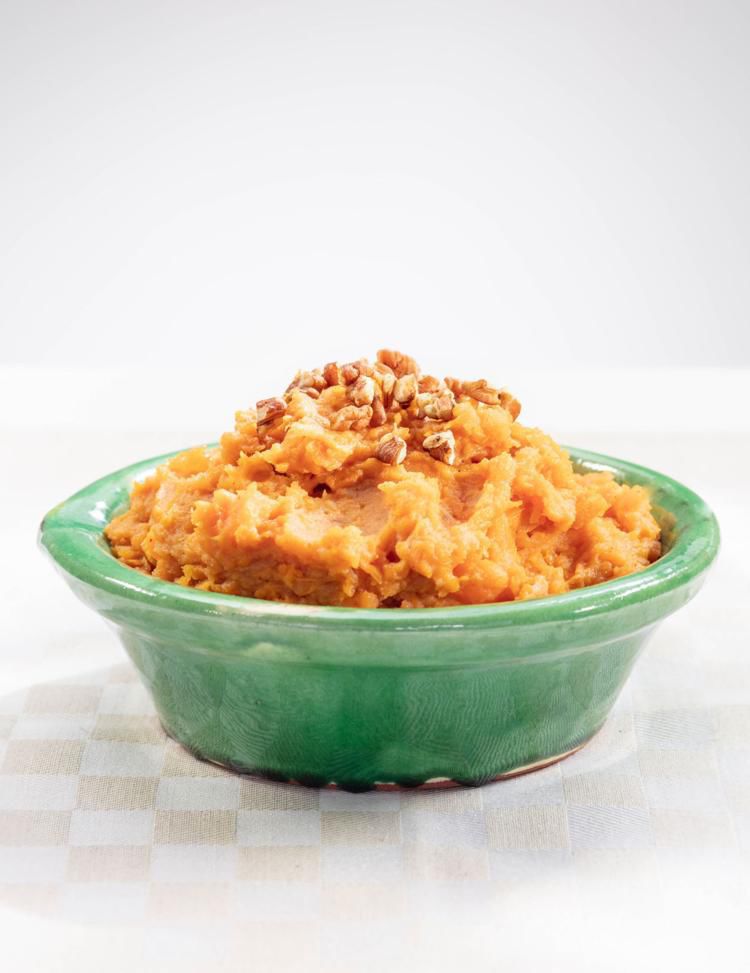 Mashed Sweet Potatoes with Peach Preserves and Toasted Pecans